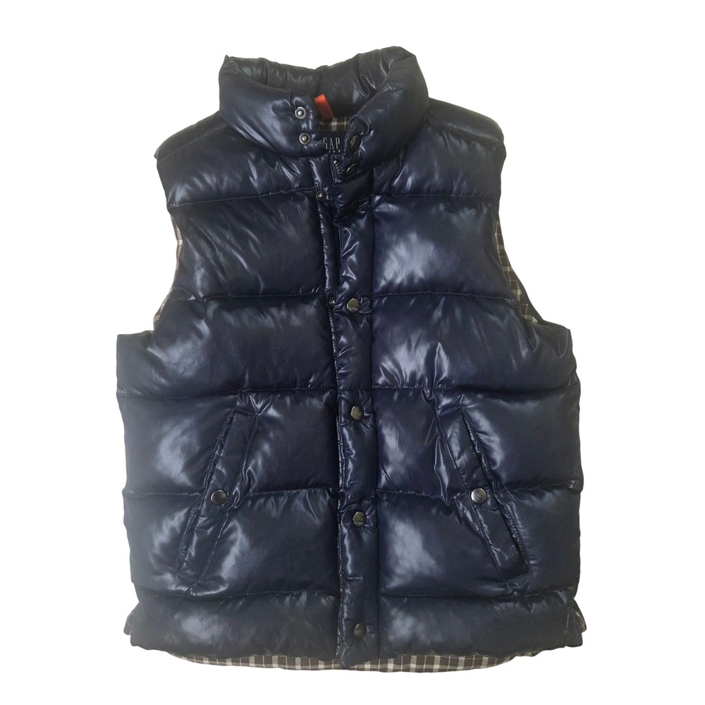 Gap Kids Navy Blue Puffer Vest Plaid Lined Shiny Insulated Winter Layer Size M 8